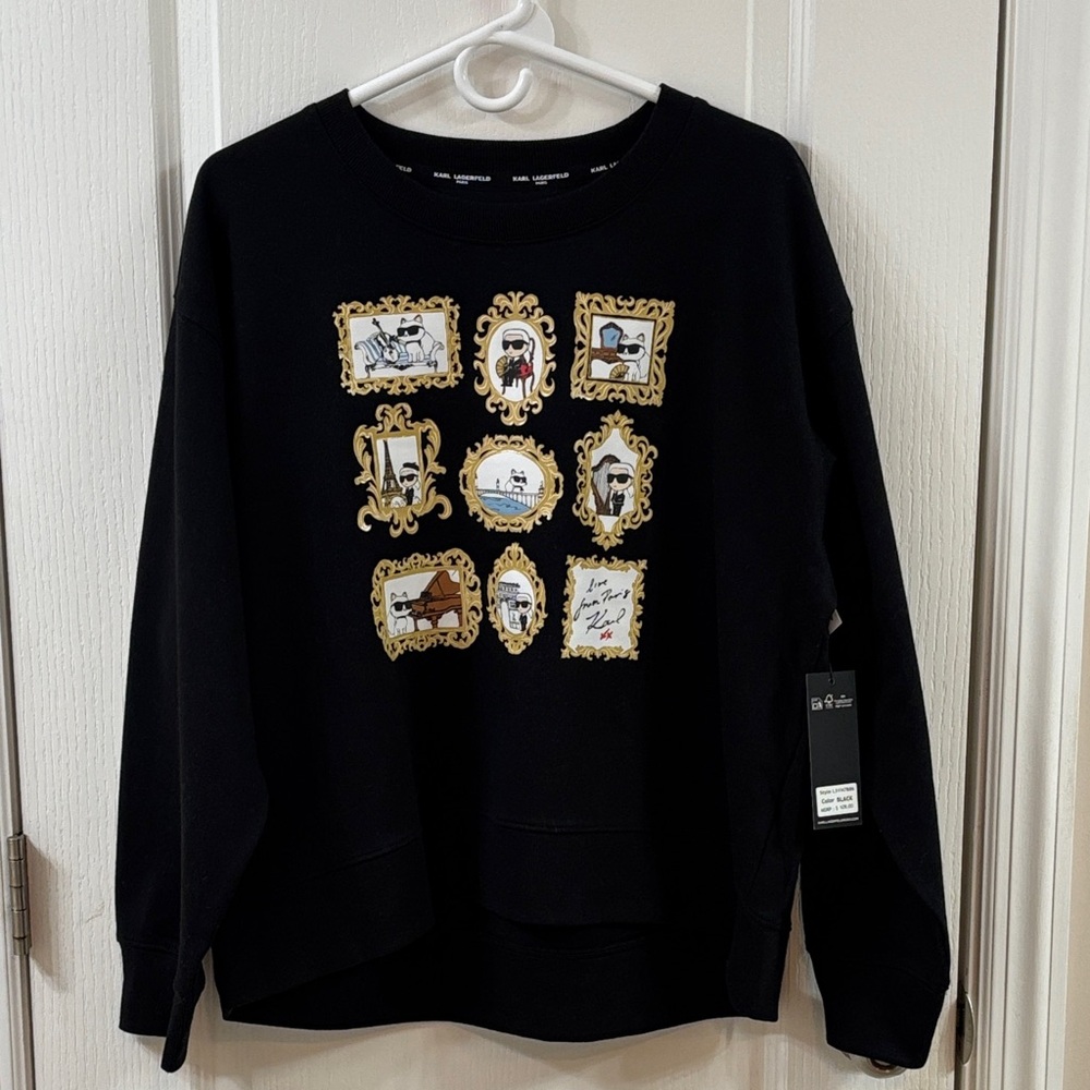 NWT Karl Lagerfeld Paris Long Sleeve Black Top Sweatshirt - Picture 3 of 8